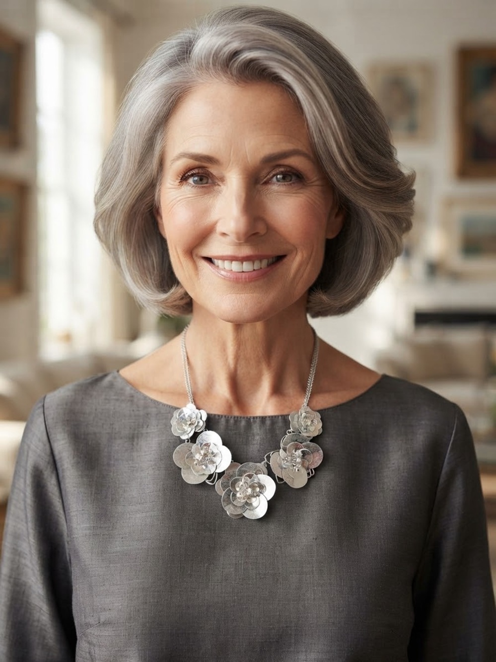 Speckled Silver tone Floral Statement Necklace - Women Jewelry